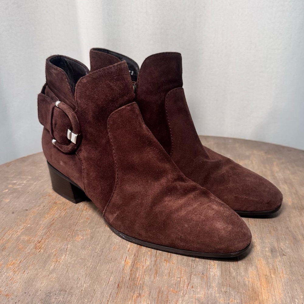 Aquatalia Brown Suede Buckle Strap Ankle Booties
